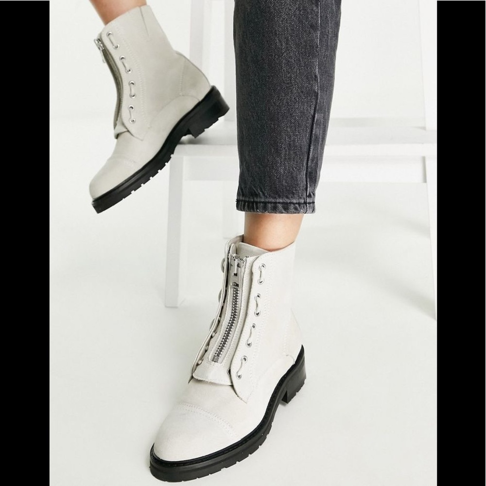 All Saints Ariel Front Zip Leather Combat Boots Booties White Suede Woman's 9